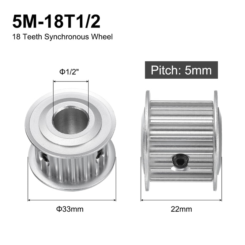 uxcell 5M-18T-1/2B Timing Belt Pulley 1/2" Bore, 18 Teeth Aluminum Alloy Synchronous Wheel, Pitch 5mm Tooth for 15mm Width Belt