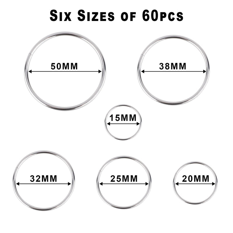 90Pcs 6 Sizes Silver Metal O Rings Multi-Purpose Heavy Duty Round Ring for Hardware Bags Belts Dog Leashes Hanging Basket DIY Craft Supplies 0.59in,0.78in,0.98in,1.25in,1.49in,1.96in