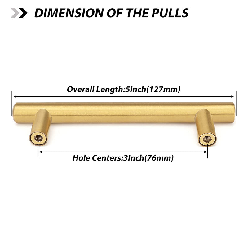 goldenwarm 10 Pack Gold Cabinet Handles Brushed Brass Drawer Pulls Gold Cabinet Pulls 3 inch - LS201GD76 Kitchen Cabinet Door Handles and Knobs Bathroom Bedroom Furniture Handles Stainless Steel ‎3in Hole Centers