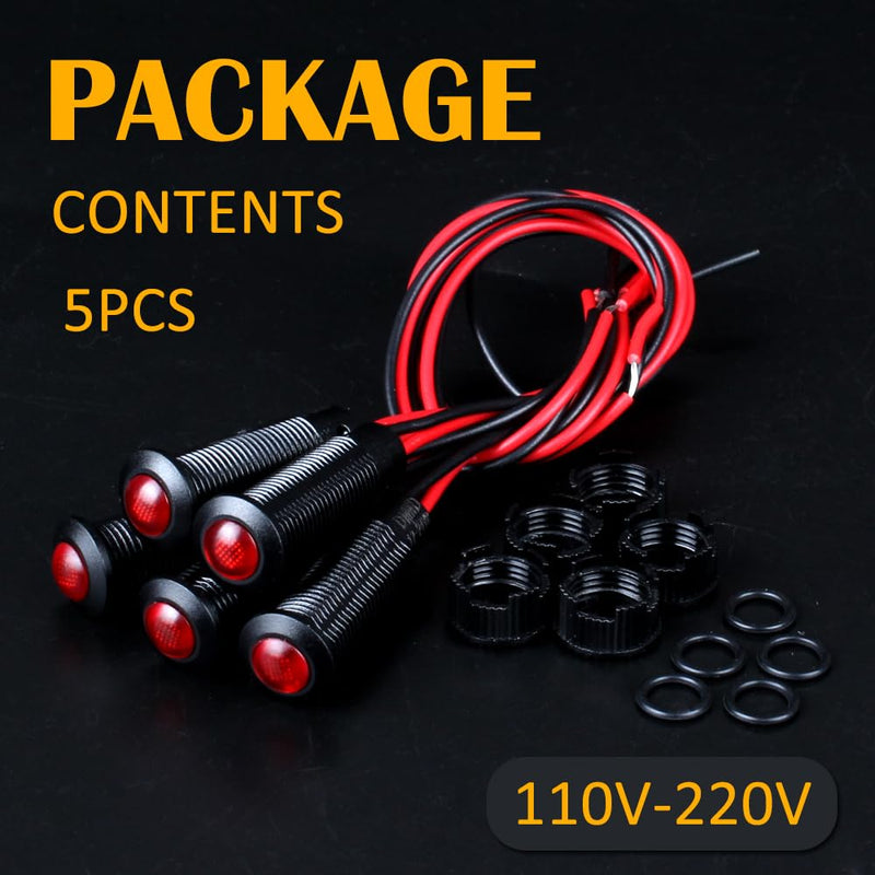 5pcs 8mm LED Indicator Light Plastic Black Signal Dot Lamp 110-220V AC 5/16" Mounting Hole Size with 15cm/5.9in. Wire (Red LED) Red 8mm 110-220V