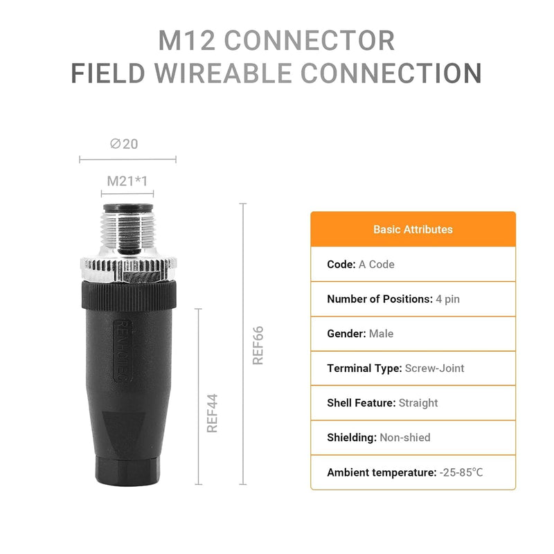10pcs M12 4 Pin Connector Field Wireable A Code Straight Male Plug Non-Shield 12mm Industrial Circular Connector, Outdoor Waterproof IP67 10