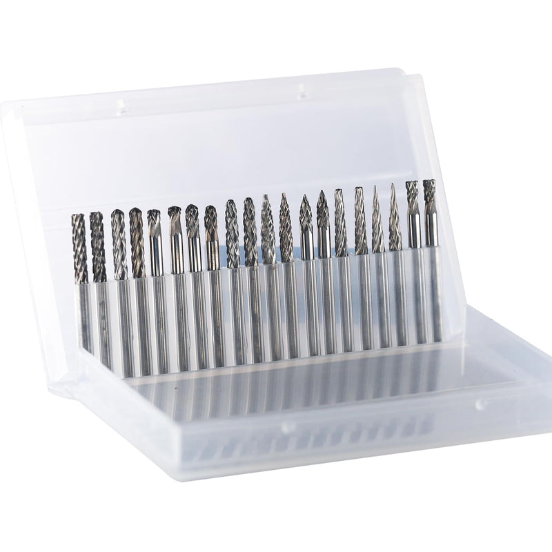 Mini Carbide Burrs Set 1/8’’ Shank Solid Tungsten Carbide Burrs with 1/8’’ Cutting Head Double Cut Rotary File for Die Grinder Rotary Drill Tool 20pcs for Carving Grinding Engraving Polishing Bit