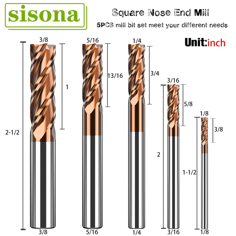 1/8" 3/16" 1/4" 5/16" 3/8" Carbide End Mills Set - Solid Carbide (Tungsten Carbide + Cobalt) - 5Pcs 4 Fulte CNC Mill Bits for Steel - TISIN Coated