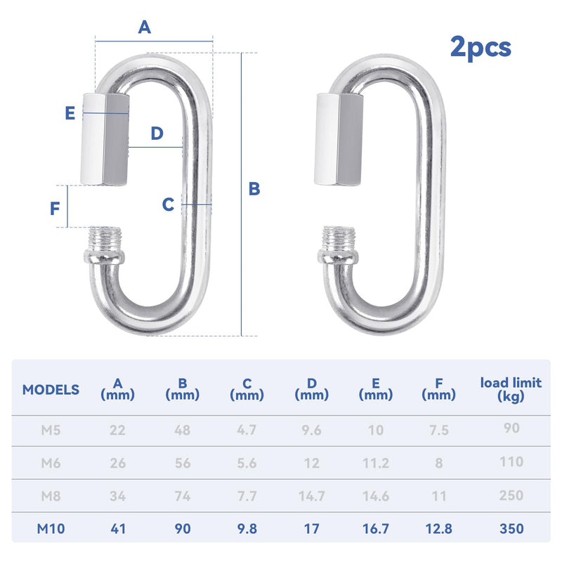 2 Pack Chain Quick Links Duty Chain Link Connector Locking Carabiner Galvanized Screw Carabiner, Chain Hooks for Outdoor Traveling Equipment, Connecting Hammock (M10-3.5 Inch / 9 cm)