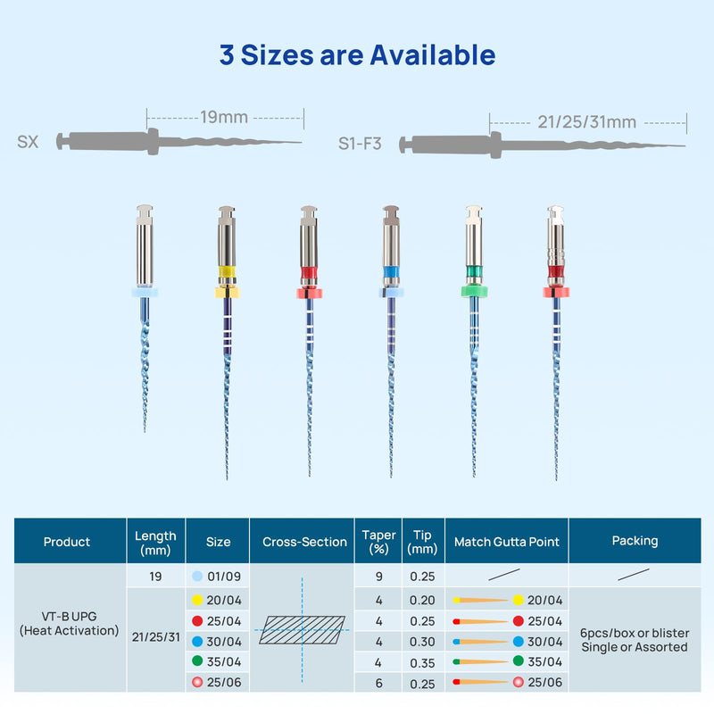 JMU VT-B UPG Files, Niti Rotary Files, 01/09(19mm), 20/04, 25/04, 30/04, 35/04, 25/06(25mm), Sequence Files, 6pcs/Pack 20-35(25mm) 1