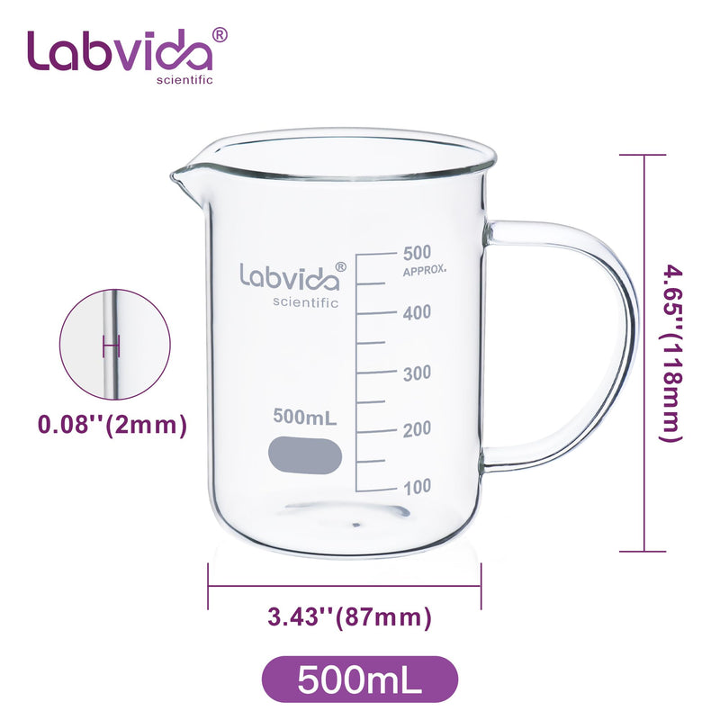 Glass Beaker with Handle, 4PCS of Vol. 500ml, 3.3 Borosilicate Griffin Low Form with Printed Graduation,LVAT002