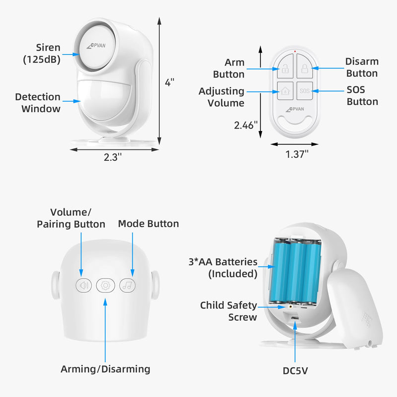 CPVAN 125dB Loud Motion Sensor Alarm with 328ft Remote Control (40ft PIR Detector, Batteries), Indoor Wireless Infrared Security Motion Detector with Siren for Home Garage Van (CP2 Pro, Whtie) White