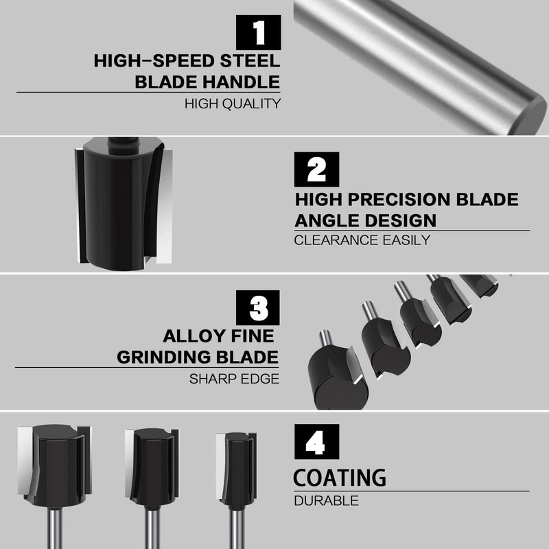 Double Flute Straight Bit Cleaning Bottom Router Bit 1/4-Inch Shank - 1/8, 3/16, 3/8, 1/2, 5/8, 3/4, 1 Inch Cutting Dia Woodwork Cutter 7PCS Straight Bit 7PCS