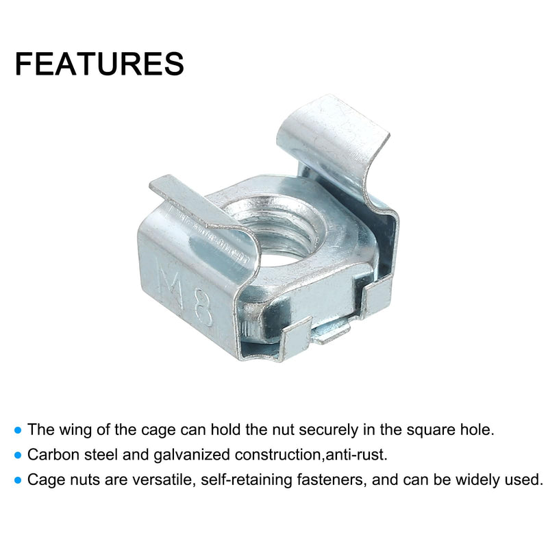 uxcell M8 x 1.25mm Cage Nut, 5Pcs Snap-in Cage Nuts, Carbon Steel Zinc Plated Metric Nut for Server Rack Cabinet, Silver 5