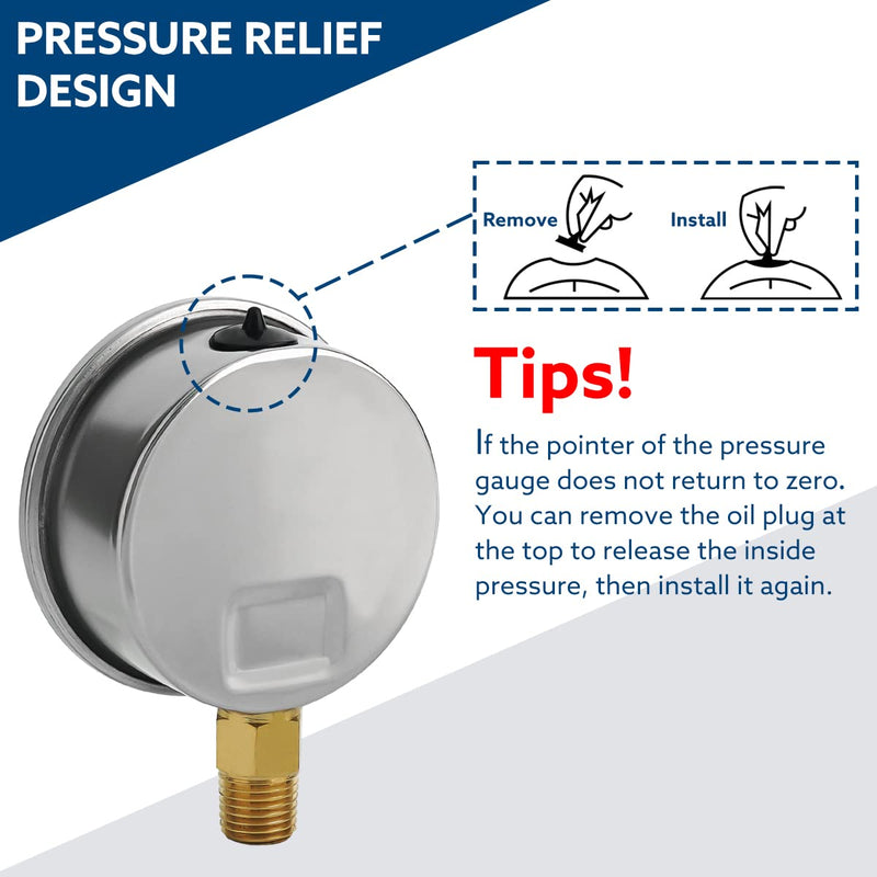 SENCTRL 160 Psi Lead-Free Glycerin Liquid Filled Low Pressure Gauge, 2.5" Dial Size, 1/4" NPT Lower Mount, Stainless Steel Case, for Home Potable Water Pump, Air, Well, RV Hose, Pressure Test 0-160Psi Lower Mount (Lead Free)