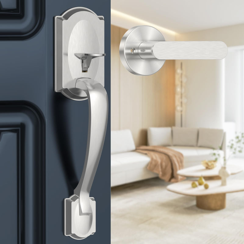 Front Door Handle No Lock, Entry Door Handle Exterior with Interior Reversible Handle Lever, Lower Half Grip, Single Cylinder, Door Handle Sets for Right or Left Handed Door, Satin Nickel