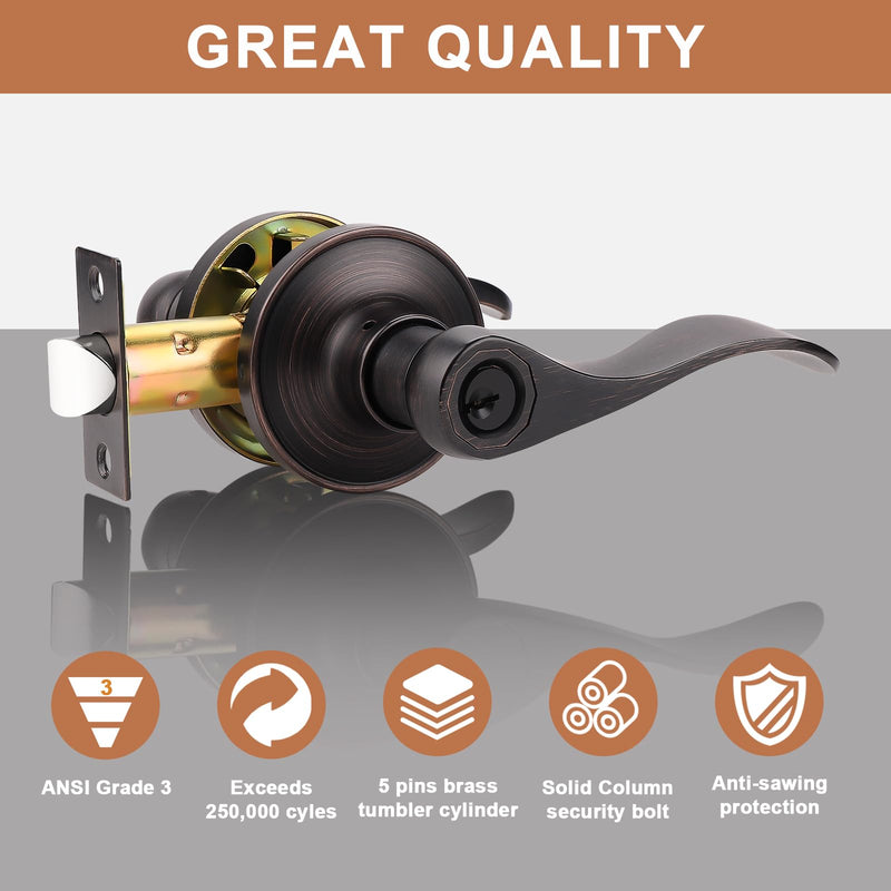 Probrico 2 Pack Entry Door Lever [Lock with 3 Keys],Locking Door Handle Set for Office or Front Door,Oil Rubbed Bronze Wave Entrance Door Lock with Key, Reversible Right & Left Side Handed Keyed Entrance-not keyed alike