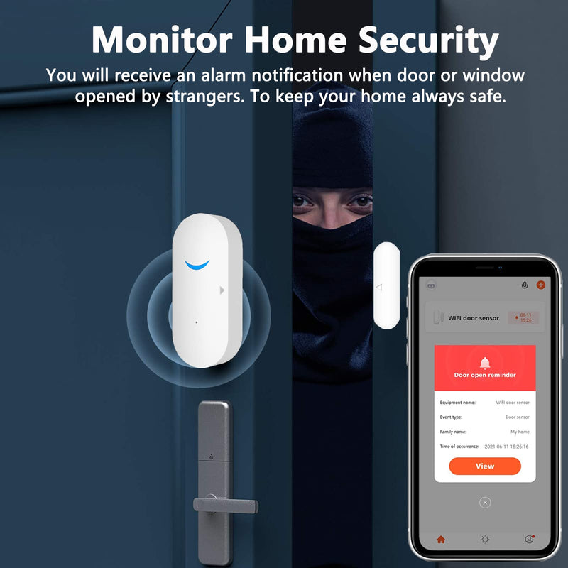 Smart Door Sensor Alarm Wireless, WiFi Door Window Detector with 8 Batteries, Smart Linkage Window Door Contact Sensor for Home Security Compatible with Alexa/Google Assistant, No Hub Required, 4 Pack