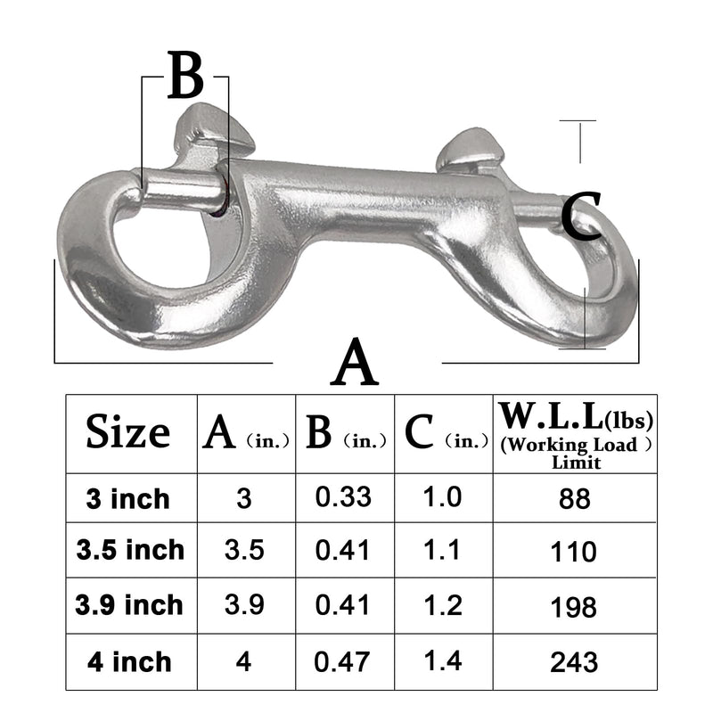 Atibin Ended Double Bolt Snaps Large Stainless Steel Bolt Snap Hooks Clips Trigger Snap Bolt Hook 3.9 inch 4Pcs