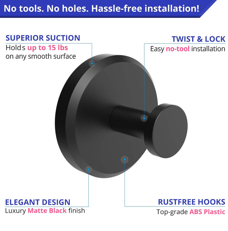 HOME SO Suction Cup Hooks for Shower, Bathroom, Kitchen, Glass Door, Mirror, Tile – Loofah, Towel, Coat, Bath Robe Hook Holder for Hanging up to 15 lbs – Waterproof & Rustproof, Matte Black (2-Pack) 2
