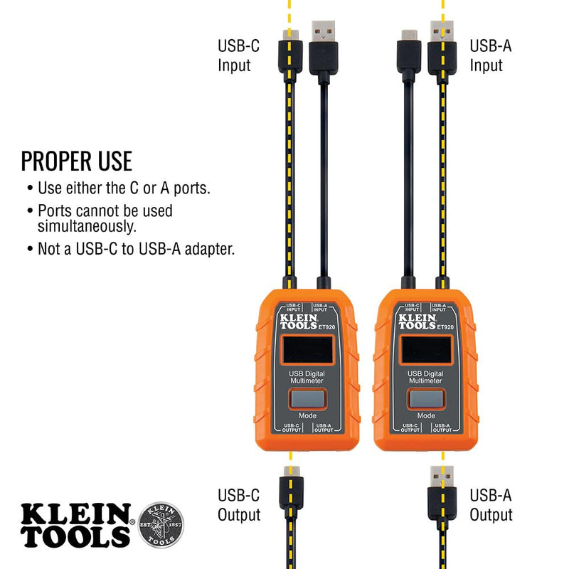 Klein Tools ET920 USB Power Meter, USB-A and USB-C Digital Meter for Voltage, Current, Capacity, Energy and Resistance Electric Circuit Testing Device