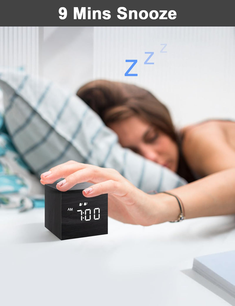 JALL Digital Alarm Clock, with Wooden Electronic LED Time Display, 3 Alarm, 2.5-inch Cubic Small Mini Wood Made Electric Clocks for Bedroom, Bedside, Desk, Black