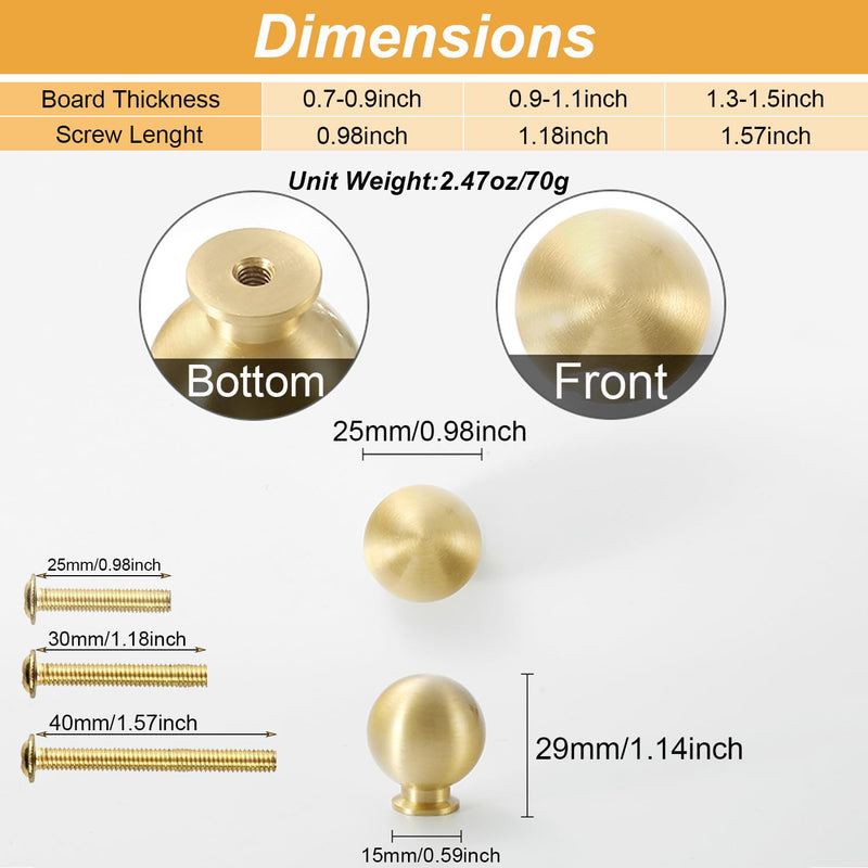 Flybath 5 Pack Ball Cabinet Knobs Solid Brass Kitchen Drawer Gold Pulls Cute Furniture Handles, Brushed Brass