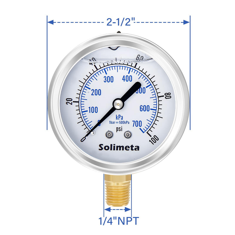 2-1/2" Dial Size, Oil Filled Pressure Gauge, 100psi Pressure Gauge, 1/4" NPT Lower Mount, with Brass Test Plug 1/4"NPT Female with Gauge