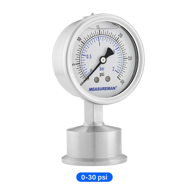 MEASUREMAN Stainless Steel Sanitary Pressure Gauge, 2.5” Dial, 0-30 PSI Range, Glycerin Filled, 1.5” Tri Clamp Bottom Mount 2.5",0-30 psi/bar Lower Mount