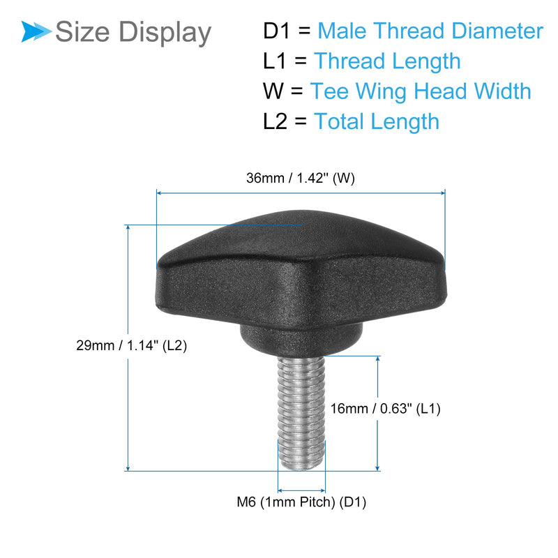Tee Wing Knobs Thumb Screw, M6 x 16mm Male Thread, Plastic T Thumb Clamping Screw Threaded Stud Hand Knobs Grip, (Applications: for Machinery Lathes), 4-Pieces