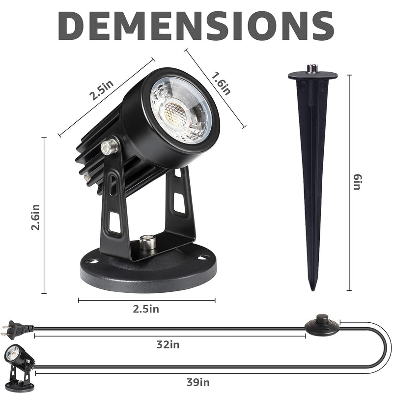 SUNVIE 2 Pack LED Spot Lights Indoor for Plants Uplights Lamp Accent Lighting Decor 120V Warm White Up Spotlight 5.9 FT Cord with Floor Foot Switch (Base and Stake Included) Black