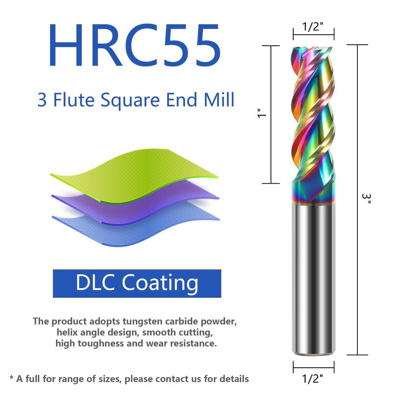 1/2" Solid Carbide Flat End Mills Set 3 Flute Diamond-Like Coating End Milling Cutter for Aluminum,Copper,Magnesium Alloys 1/2"-DLC Coated
