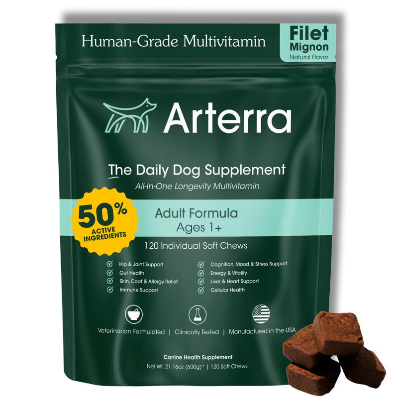 Arterra Longevity Multivitamin for Dogs – 50% Active Ingredients – Vet-Formulated Daily Soft Chews for Gut, Brain, Joint & Immune Health – Human-Grade Supplement | 120 Count Large