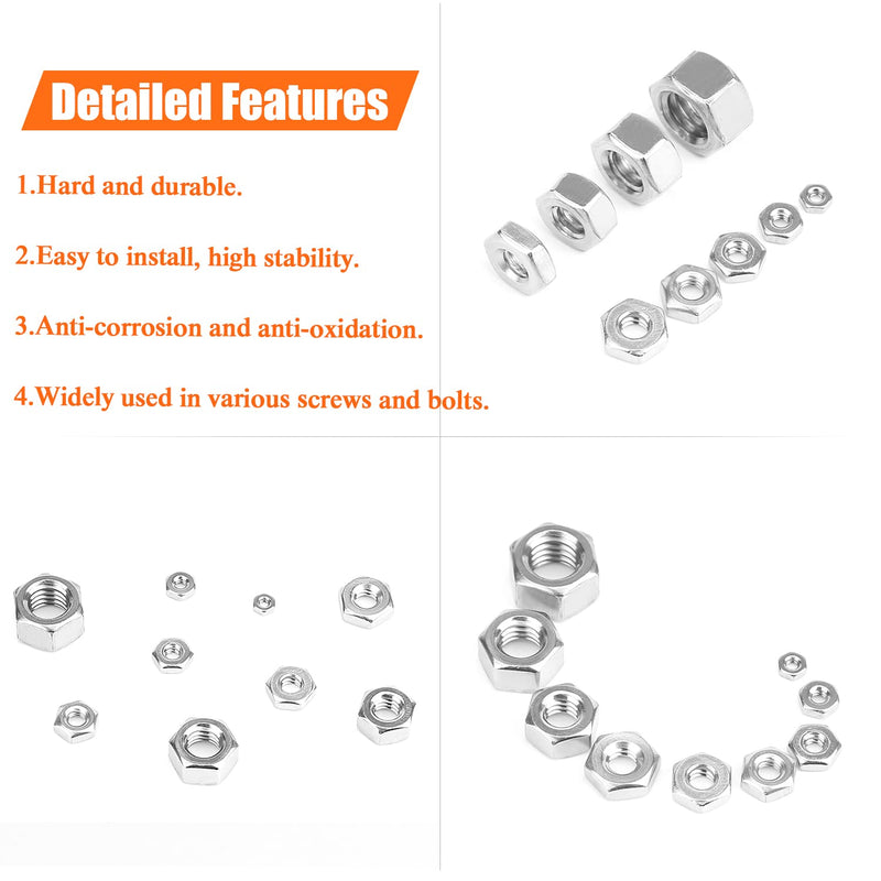 210 Pieces 9 Sizes 304 Stainless Steel #2-56 to 3/8"-16 Hex Nuts Assortment Kit (#2-56#4-40#6-32#8-32#10-24#12-24 1/4"-20 5/16"-18 3/8"-16) 210 Pieces Hex Nuts Kit