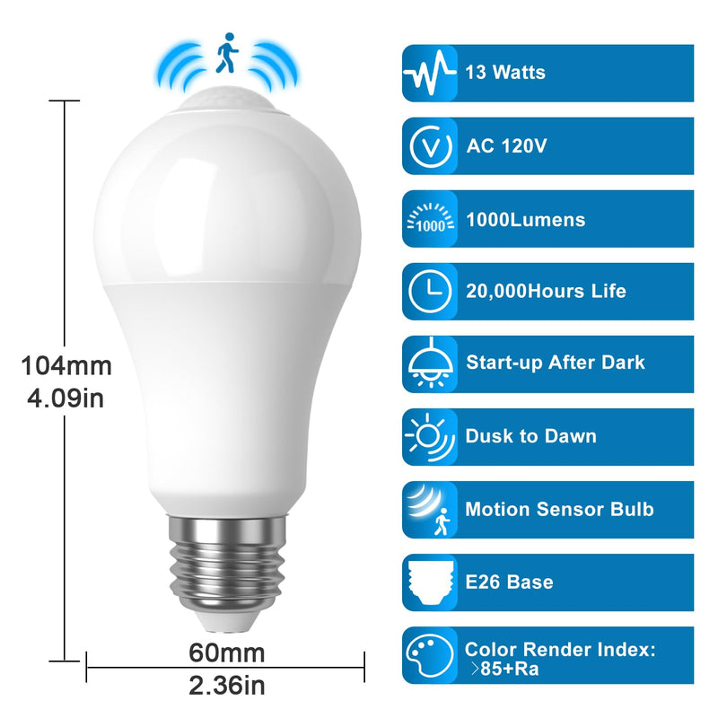 Motion Sensor Light Bulb,Activated Detector Light Bulb Indoor,Dusk to Dawn Security Bulb,13W Equivalent 100W,E26 Base 6000K Daylight,6 Packs LY-A19H001