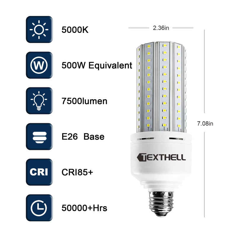 60w Led Light Bulb 500w Equivalent 7500lm 2Pack，5000K Daylight E26 Base，Bright White Bulbs for Warehouse Workshop Garage Stadium Outdoor Indoor High Ceiling 60.0 Watts