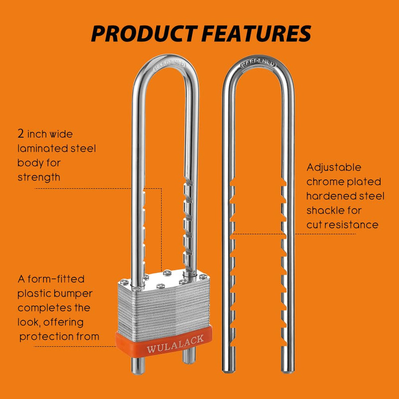 Padlock with Key, WULALACK 2 inch Wide Heavy Duty Laminated Steel Keyed Padlock with Adjustable Shackle, Long Shackle Pad Lock with 2 Keys 1