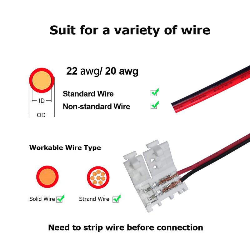 2-Pin 8mm LED Connectors Solderless Unwired Clips - DIY Strip to Wire Quick Connection for 12v 24v Single Color SMD 3528 2835 Tape Lights (Pack of 10)