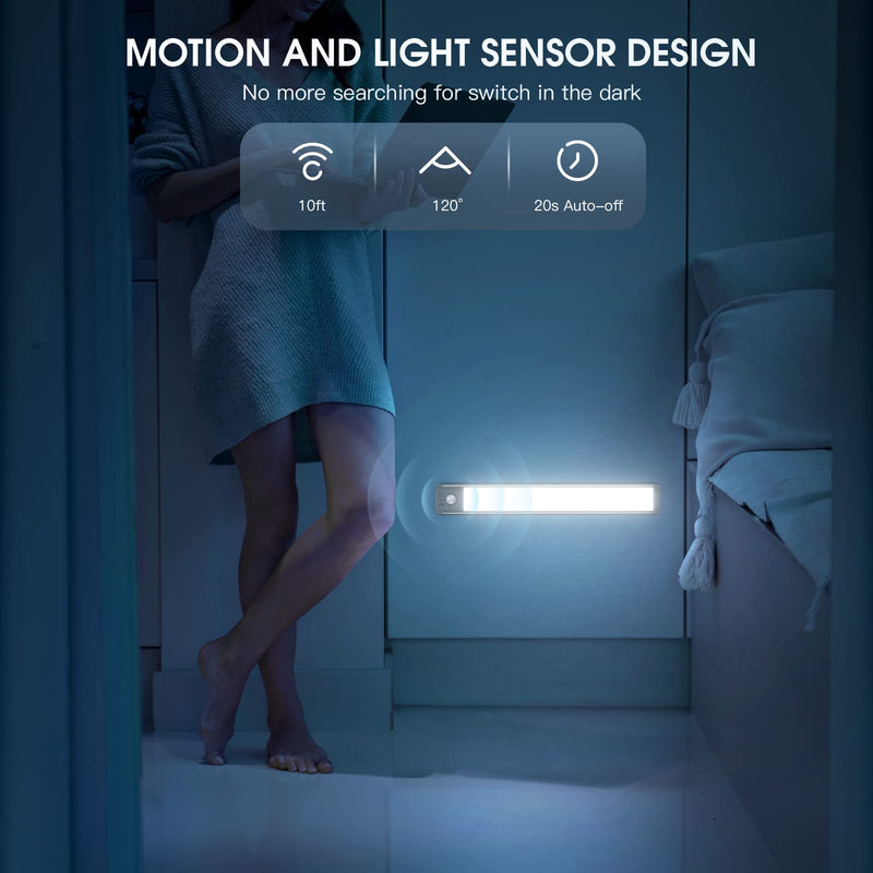 Under Cabinet Lights,40 LED Rechargeable Battery Operated Motion Sensor Light Indoor, 2 Pack Magnetic Dimmable Closet Lights, Wireless Under Counter Lights for Kitchen, Stairs White Light 10inch