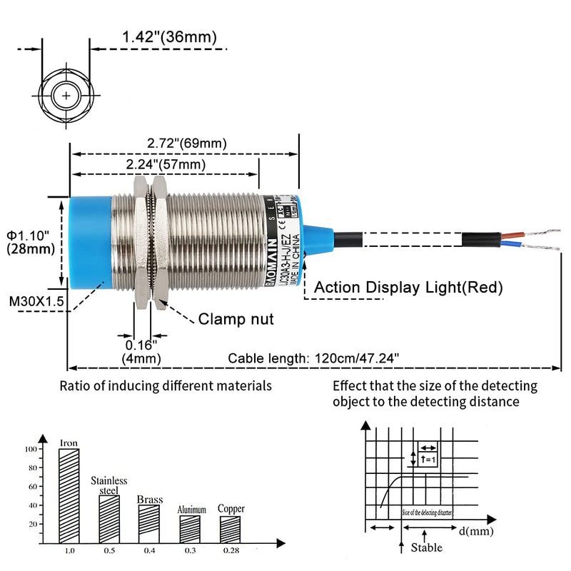 Baomain Capacitance Proximity Sensor Switch LJC30A3-H-J/EZ AC 90-250V 400mA Detector 1-15mm NO 2-wire