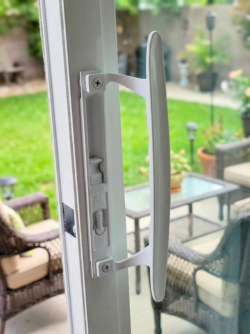 Sliding Patio Door Handle Set, Non-Keyed White Diecast Replacement Handle, Fits 1" to 1-1/8" Thick Sliding Glass Doors, 6-5/8" Hole Spacing, Non-Handed Reversible Design 6-5/8" H.C Non Keyed