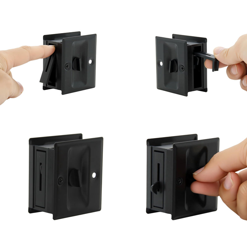 SUNTAI Privacy Sliding Door Lock with Pull, Solid Brass Pocket Door Privacy Lock, 2-3/4”x2-1/2”, for 1-3/8” Thickness Door, Matte Black, 4 Pack