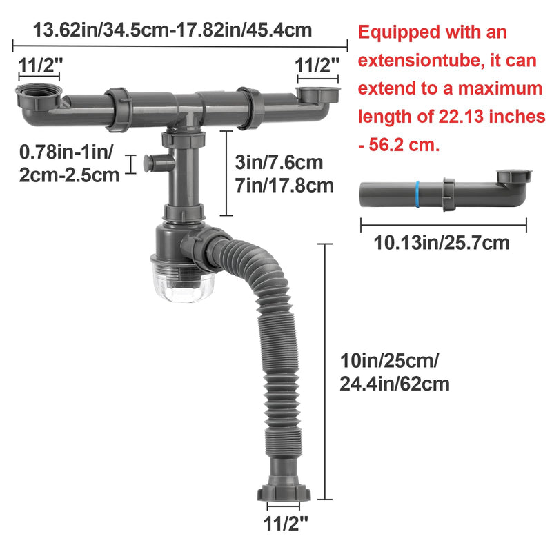 1-1/2 inch Kitchen Sink Drain Kit, space-saving kitchen drain with P-trap and extendable flexible hose (gourd overflow preventer) gourd overflow preventer Gray