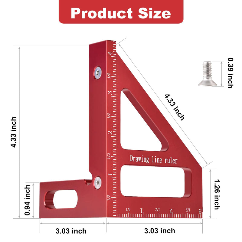 Aleric Imperial 3D Multi Angle Measuring Ruler, High Precision 45/90 Degree Woodworking Square Protractor Aluminum Alloy Miter Triangle Ruler Measuring Tools for Engineer Carpenters, Wood Working Tool red