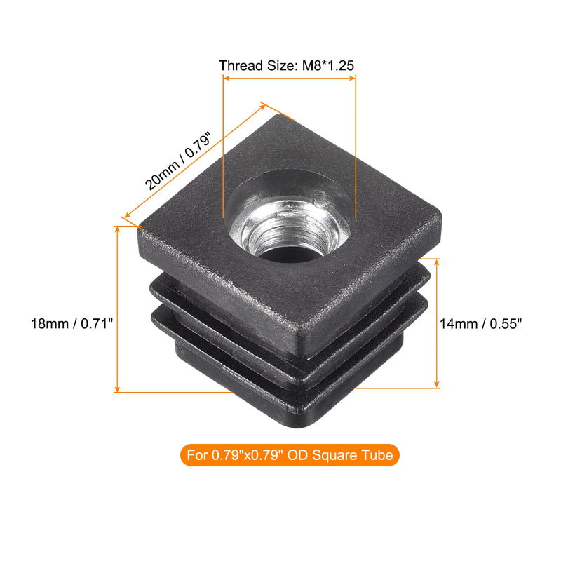 uxcell 4Pcs Inserts for Square Tubes with M8 Thread, for 0.79"x0.79" OD Square Tube, Square Black Plastic Plug Caster Insert Chair End Caps Furniture Leg Plug 0.79"x0.79" 4