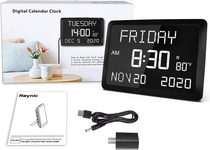 Raynic Digital Clock, 11.5" Large Display Calendar Clock with Day and Date, Indoor Temperature, Adjustable Brightness, Snooze,12/24H, DST for Home, Office, Elderly White Font