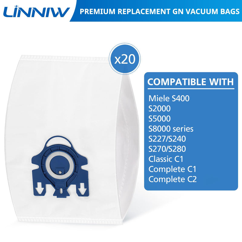 20 Pack 3D Airclean GN Vacuum Bags Compatible with Miele Classic C1, Complete C1, Complete C2, Complete C3, S227 S240, S270, S400, S2, S5, S8 Series Canister Vacuum Cleaner 20 pack GN Bags