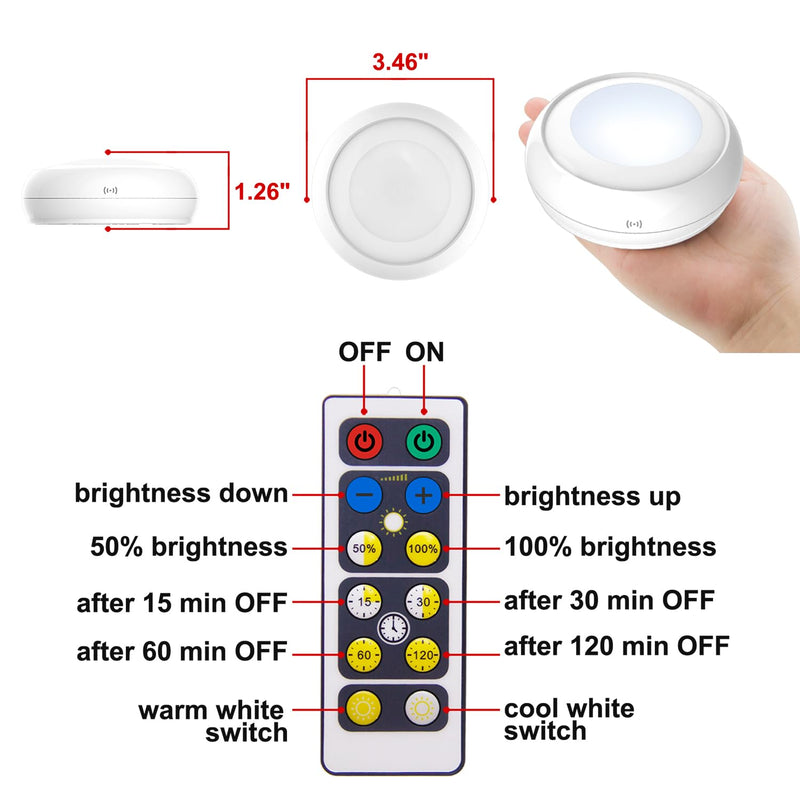 LUXSWAY Battery Powered Push Lights, Wireless Puck Lights, Dimmable Under Cabinet Lights with Nature/Warm/Cool Light, Remote Control Stick on Lights for Closet Cabinet Stair,Timer ON/OFF- 4Pack