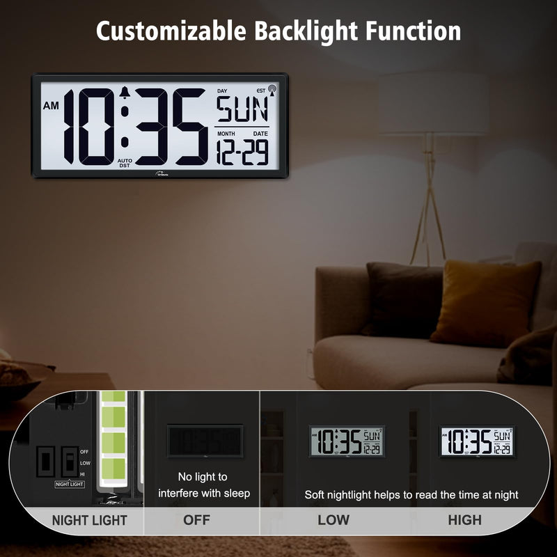 WallarGe 14.5'' Atomic Clock with Backlight, Large Digital Wall Clock Battery Operated, Large Display with Temperature and Date, Easy to Read and Set Digital Wall Clock, Auto DST
