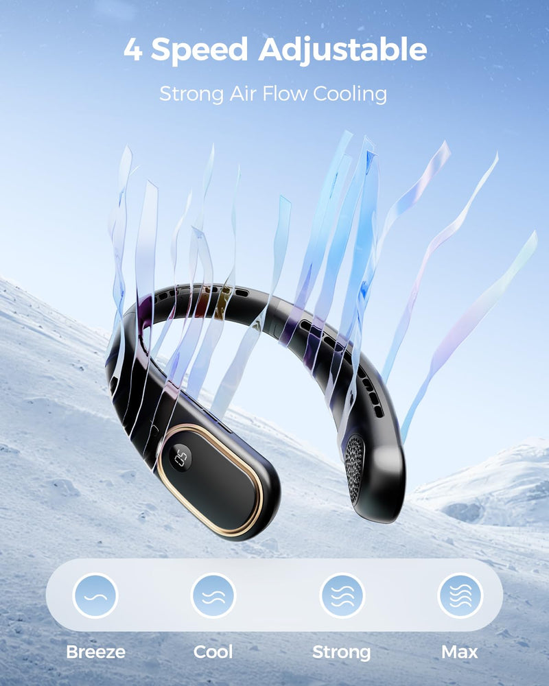 Portable Neck Fan - 5000mAh Rechargeable Hands-Free Wearable Fan | 4 Speeds, Bladeless & LED Display | Personal Cooling Fan for Travel, Outdoors, Camping - Black