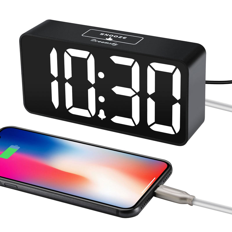 DreamSky Small Digital Alarm Clock for Bederoom, Large Big Numbers Display with Dimmer for Living Room, Electric Bedside Desk Clock with USB Charging Port, Adjustable Volume, USB-C Adapter Powered Black Case White Digits
