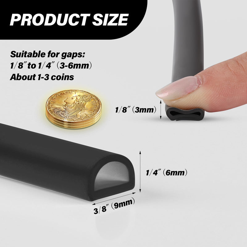 Silicone Weather Stripping Door Seal, 20FT Self Adhesive D-Shaped Door Weather Stripping for Door Frame＆Window Seal S (3/8"W × 1/4“T） Black