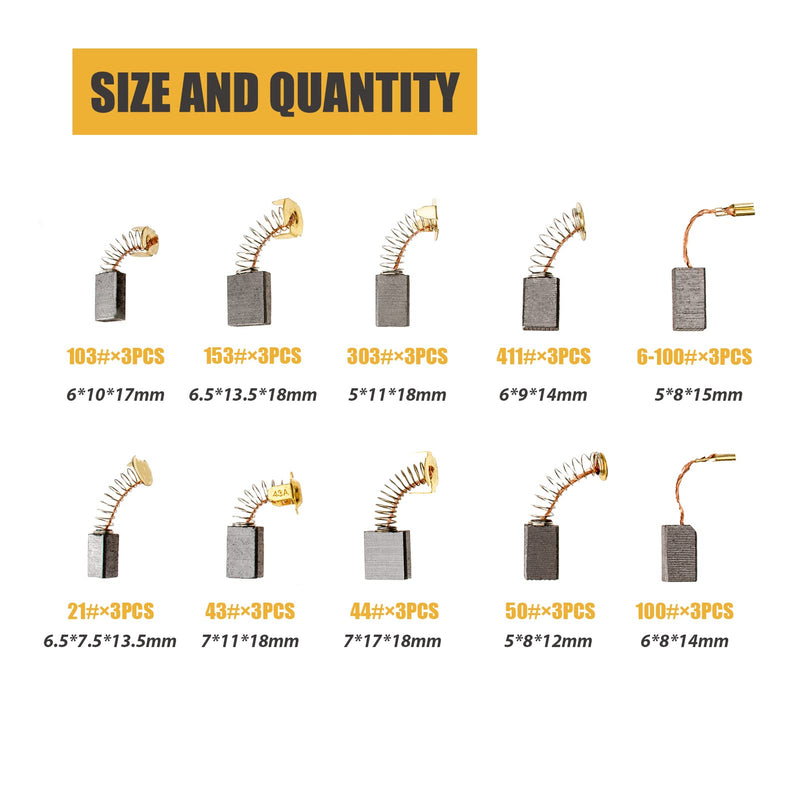 30Pcs 10 Sizes Electric Motor Carbon Brushes Replacement for Power Tool 30Pcs