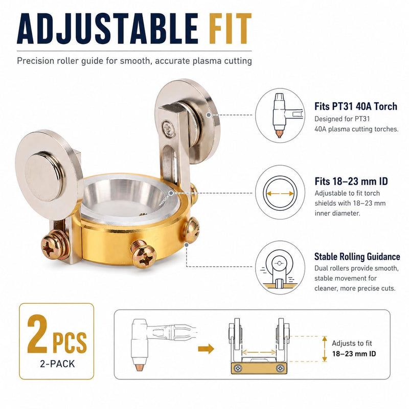 PT31 Plasma Cutter Guide Wheel Roller, Adjustable 40A Torch Standoff Spacer, Brass Plated HSS Roller Guide for Precise Metal Cutting, Fits 18-23mm ID (2) 2