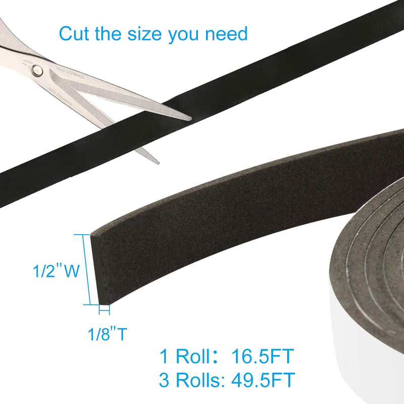 Seal Foam Tape,1/2 Inch W x 1/8 Inch T Weather Stripping for Door and Window,High Density Single Sided Closed Cell Door Insulation Weather Strip, 3 Rolls Total 50FT Black 1/2"W x 1/8"T x 50FT